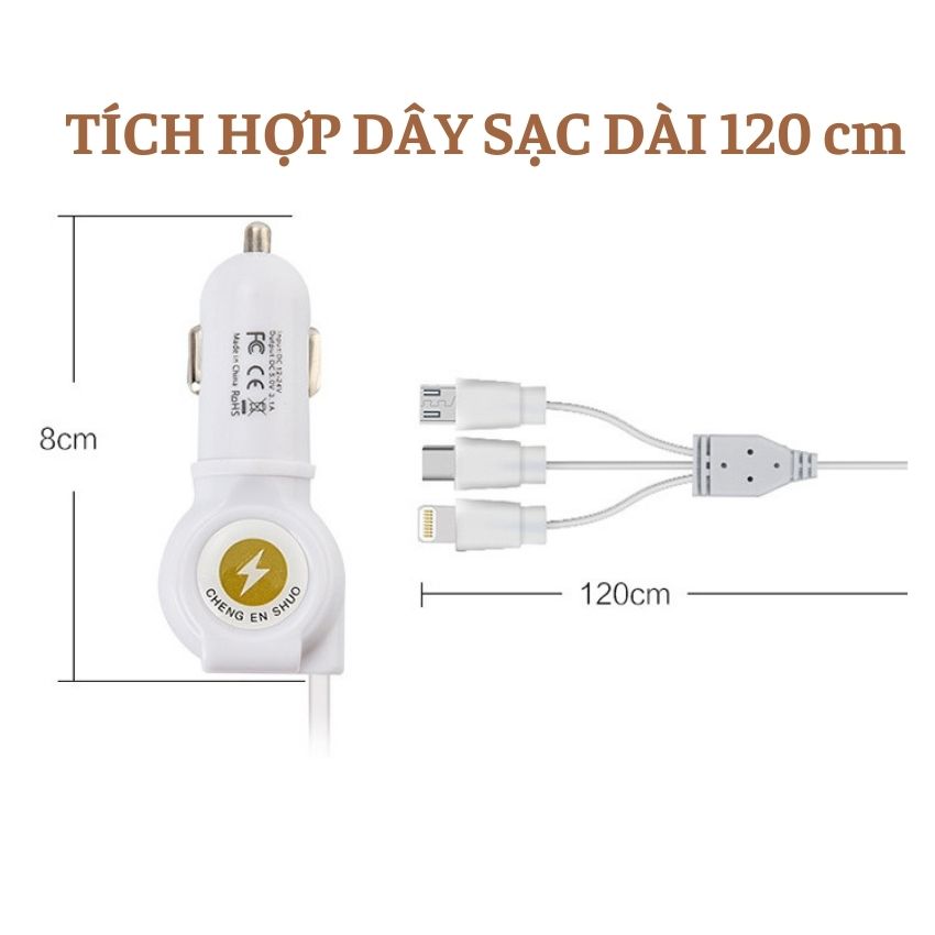 Tẩu Sạc Nhanh Ô Tô Chia 3 Cổng cho Iphone Android Có Cáp Sạc Type C Sạc Điện Thoại Trên Ô Tô T01