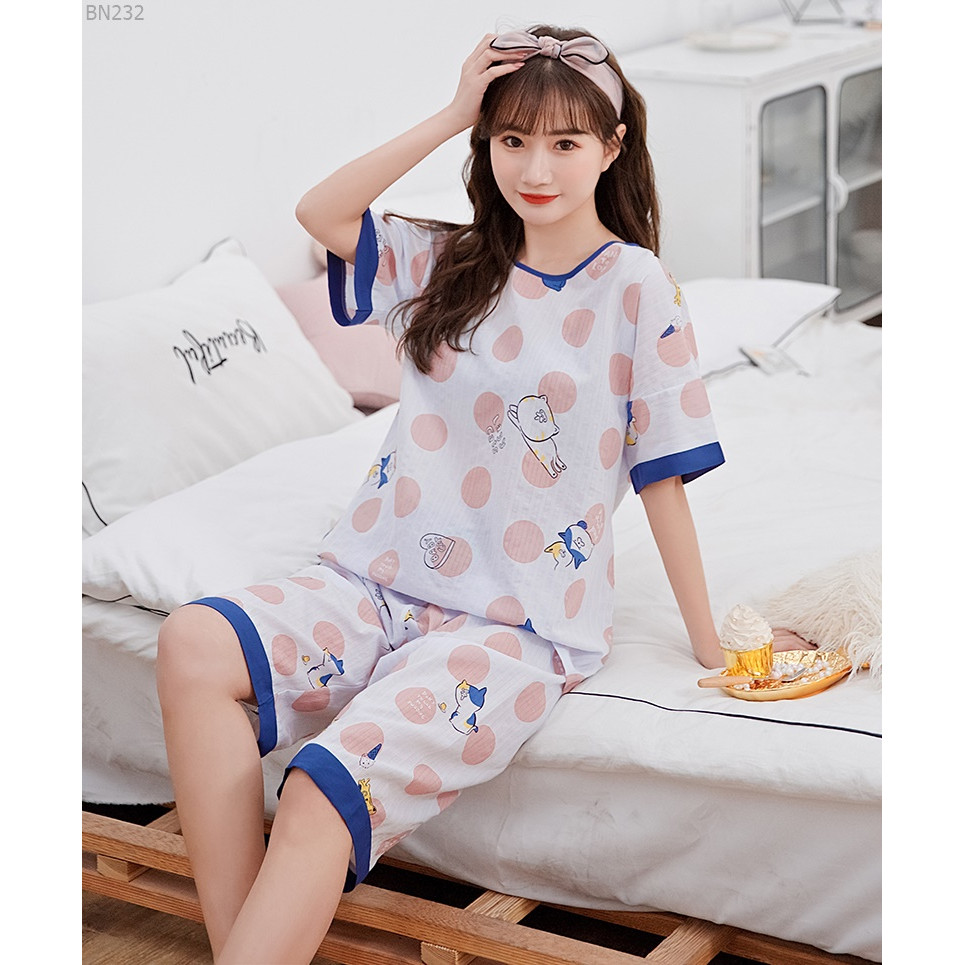 Bộ lửng mặc nhà Đồ ngủ nữ tay lửng chất vải cotton crepe mịn thoáng mát hàng đẹp chuẩn