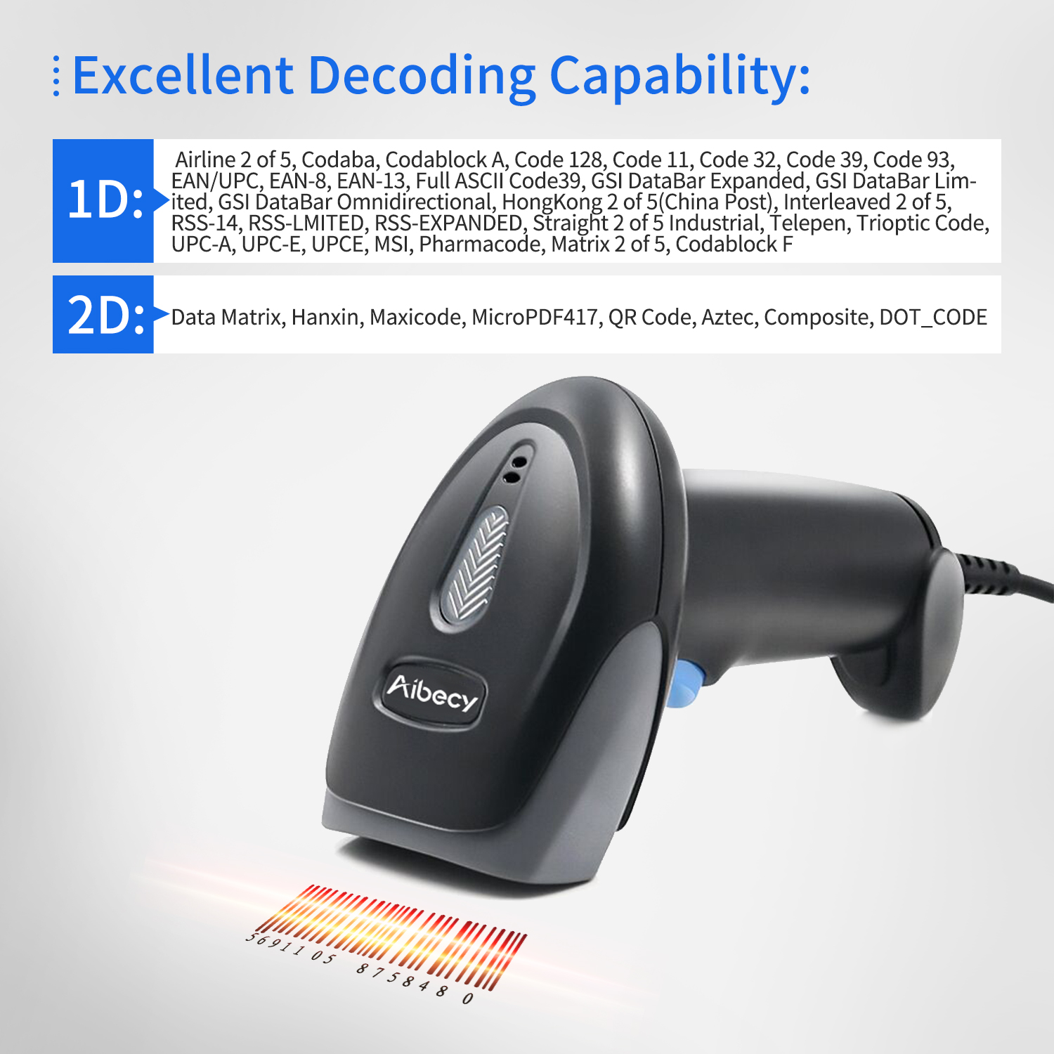 Aibecy Handheld Barcode Scanner 1D/2D/QR Code Scanner 2.4G Wireless & USB Wired Bar Code Reader Compatible with Windows