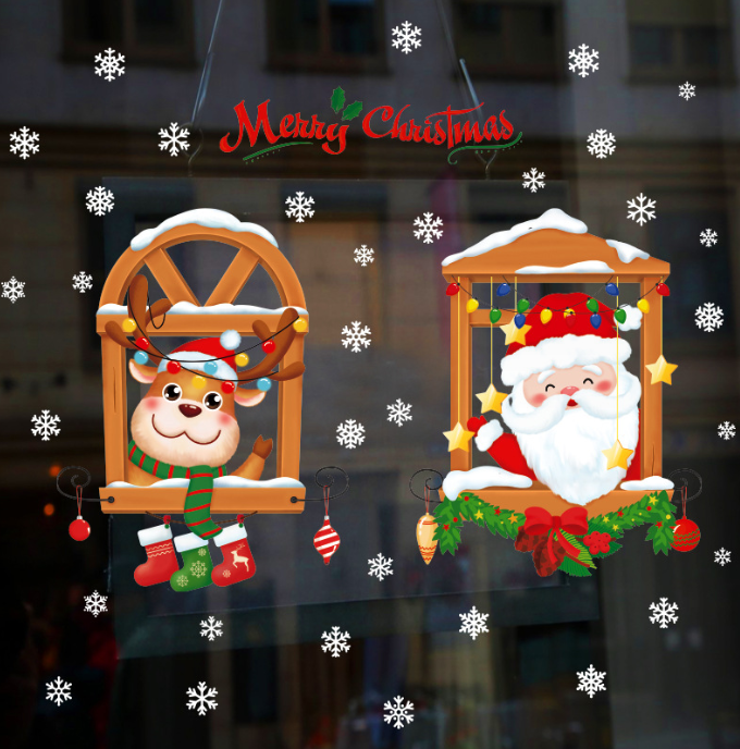 Decal trang trí dán tường hít tĩnh điện - ông già noel và chú tuần lộc nâu đội mũ đỏ đáng yêu