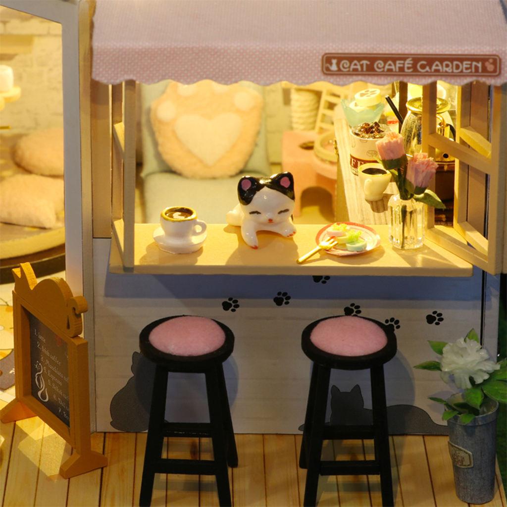 DIY Creative Dollhouse Cat Coffee Shop Kit LED Light Wooden 3D Puzzles