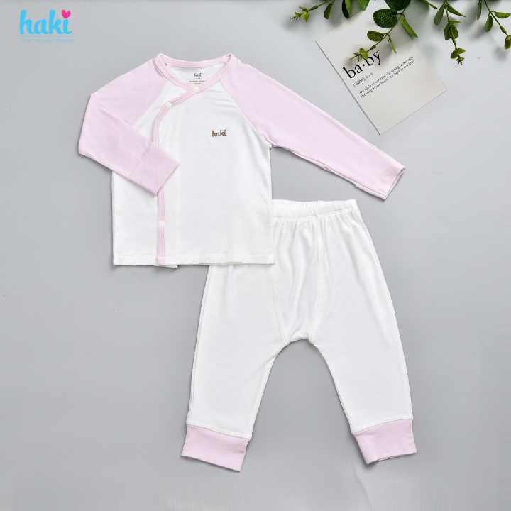 Bộ quần áo sơ sinh cài chéo, tay raglan phối màu vải Bamboo cao cấp Haki BB036, set dài tay cho bé trai bé gái từ 2,5 - 8kg, bộ sơ sinh sợi tre cho bé hàng chính hãng HAKI