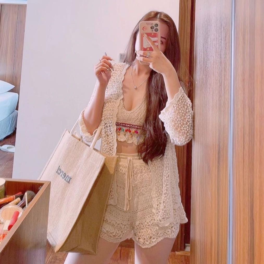 Bộ bơi nữ 3 mảnh bikini len móc cao cấp có kèm áo choàng