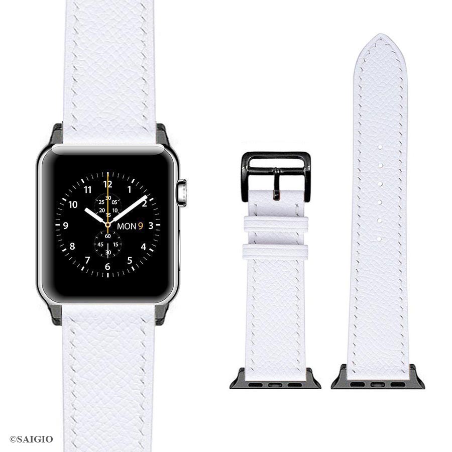 Dây Đồng Hồ Apple Watch 41mm 40mm 38mm, Chất Liệu Da Bê EPSOM Thảo Mộc Cao Cấp, Nhập Khẩu Từ Châu Âu, Dây Đeo Phong Cách Hiện Đại và Sang Trọng, Tương Thích Các Phiên Bản Series 8/7/6/5/4/3/2/1/SE/SE2 - Trắng - ADAPTER BẠC