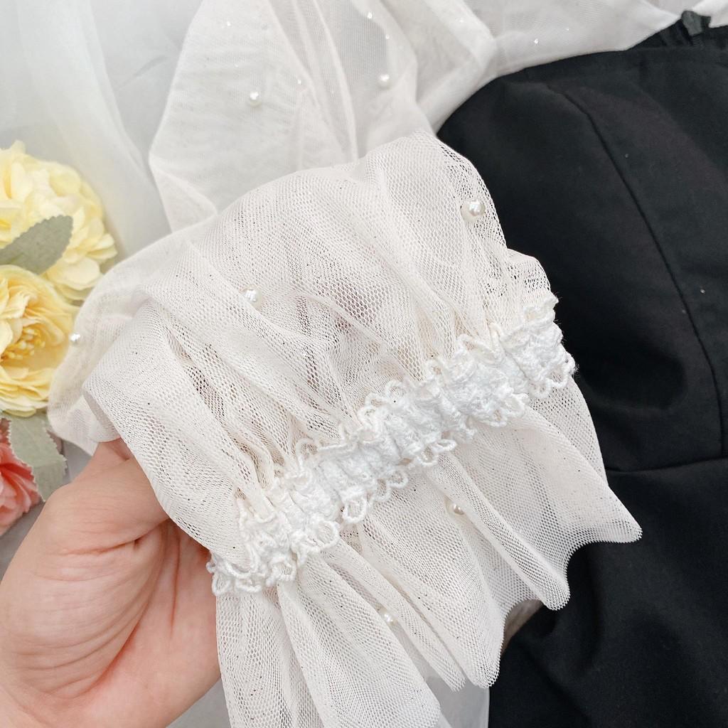 ĐẦM ĐEN CÚP NGỰC TAY LƯỚI ĐÍNH NÚT TRÒN