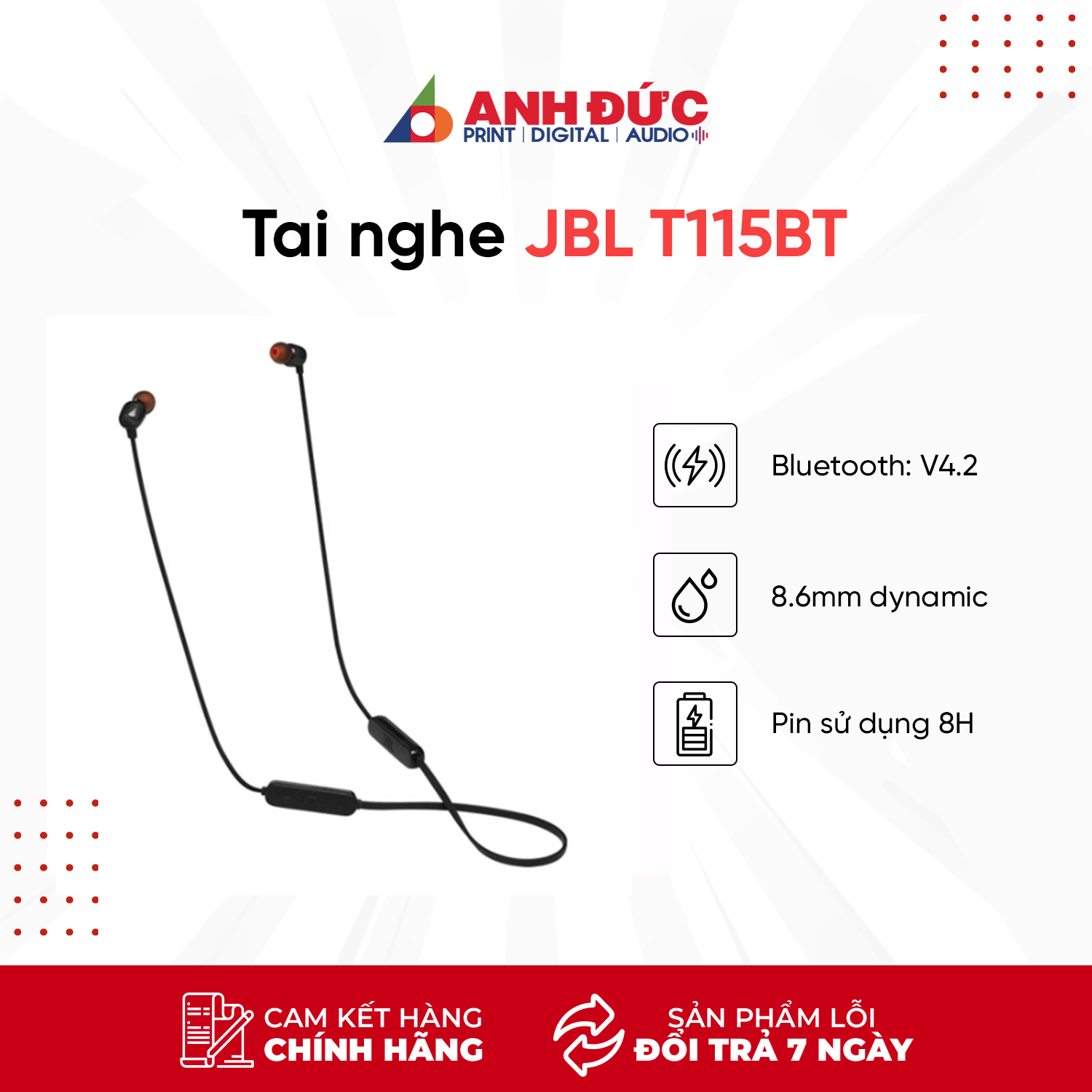 Tai Nghe Bluetooth Nhét Tai JBL T115BT - Hàng Chính Hãng PGI