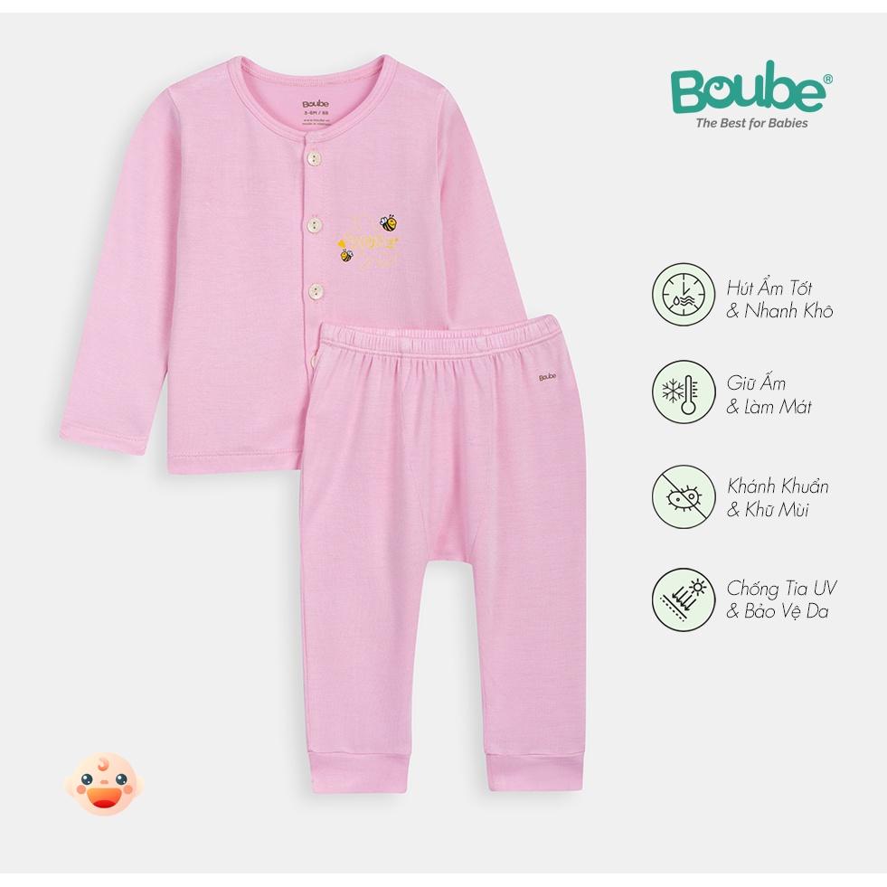 Bộ dài tay cài thẳng màu hồng hoạ tiết ong vàng Boube cho bé - Chất liệu Petit thoáng mát từ 0 đến 24 tháng