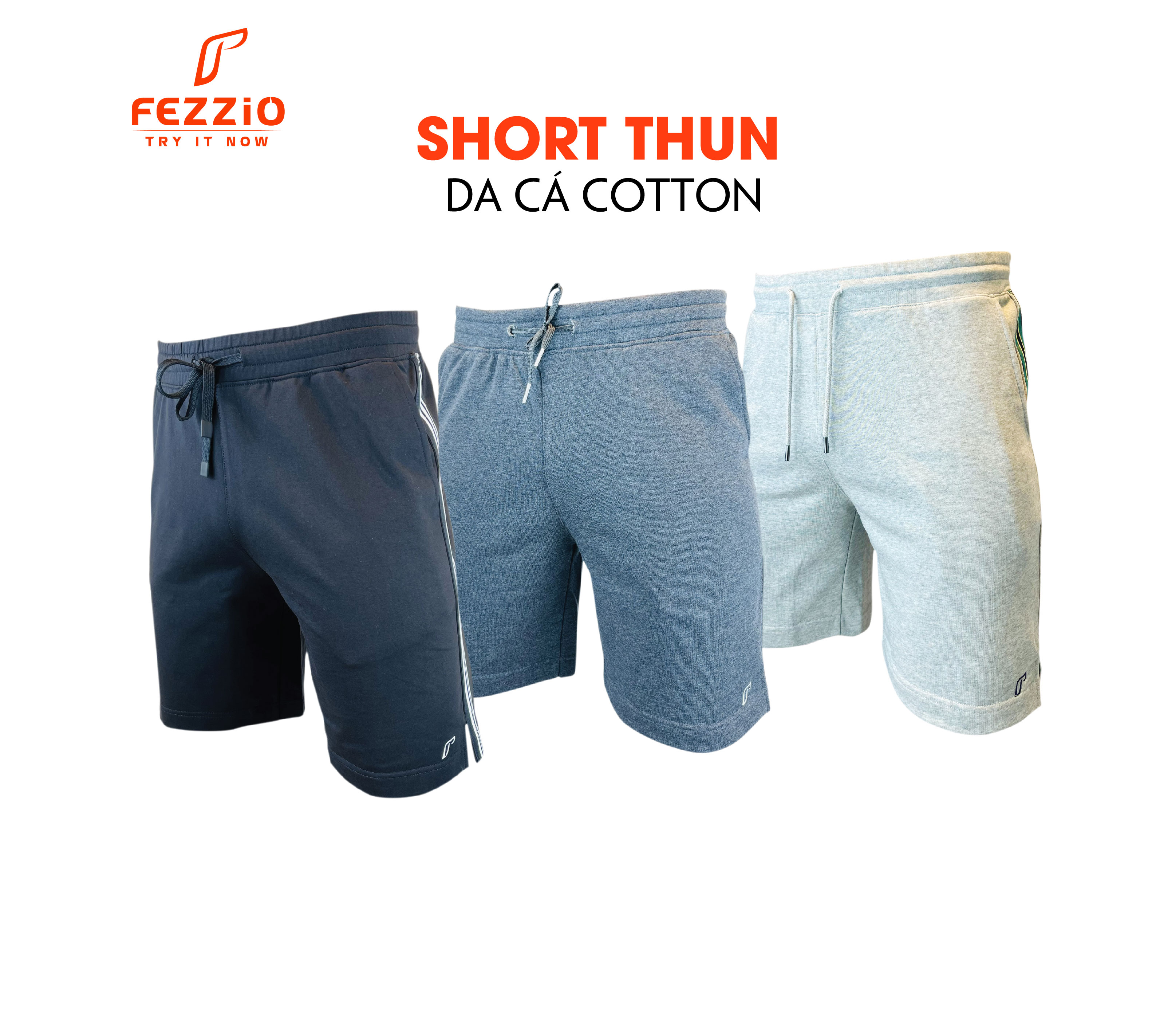 Quần short nam thun trên gối, quần short da cá thể thao nam 100% cotton thương hiệu Fezzio