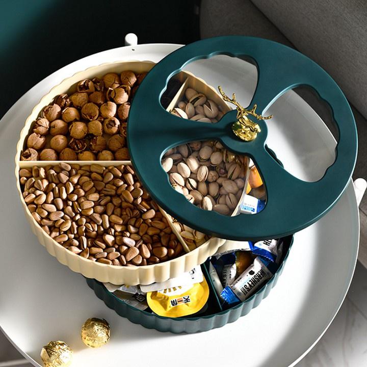 Khay mứt 2 tầng 6 ngăn hình tròn, Hộp đựng bánh kẹo mẫu mới có tay cầm hình hươu vàng phong cách sang trọng hiện đại