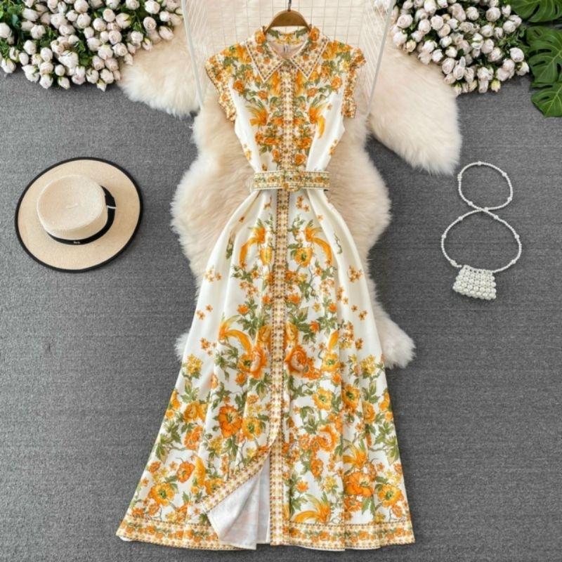 HÀNG NHẬP - ĐẦM LỤA IN HOA VÀNG DÁNG DÀI