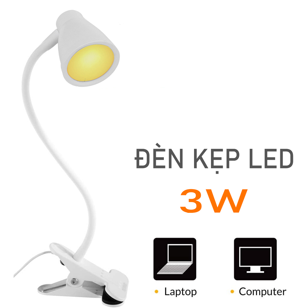 Đèn học, Đèn đọc sách kẹp đầu giường đa năng bóng LED 3 chế độ ánh sáng 3W, Nguồn USB 5V