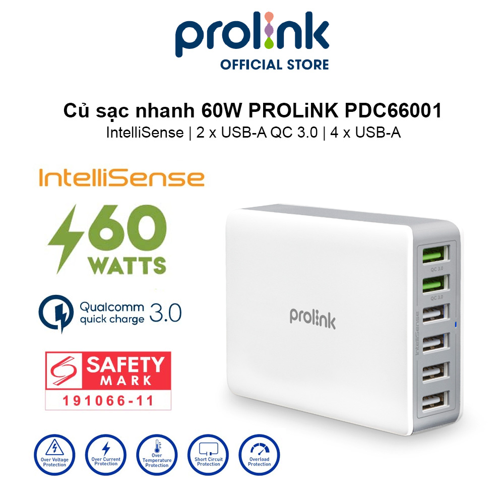 Củ sạc nhanh 60W PROLiNK PDC66001, 6 cổng 2xUSB-A QC 3.0 & 4xUSB-A, IntelliSense, sạc điện thoại, máy tính bảng, laptop - Hàng chính hãng