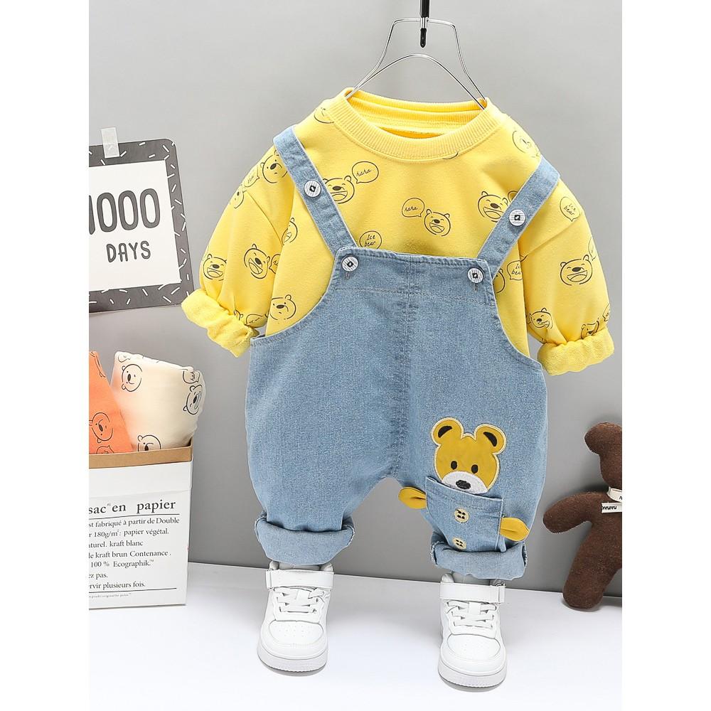 Set yếm jean túi gấu + áo dài tay họa tiết gấu con cho bé