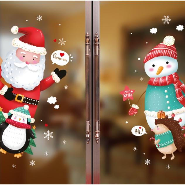 Decal trang trí Noel - Ông già noel , người tuyết , chim cánh cụt và chú nhím vui đùa