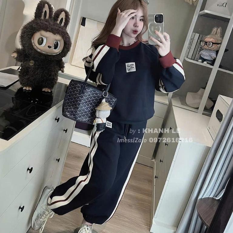 set thu đông nữ,áo mùa đông phối viền sọc in chữ miu miu mix quần nữ ống rộng bo chân T130 BY JOLIE - xanh than