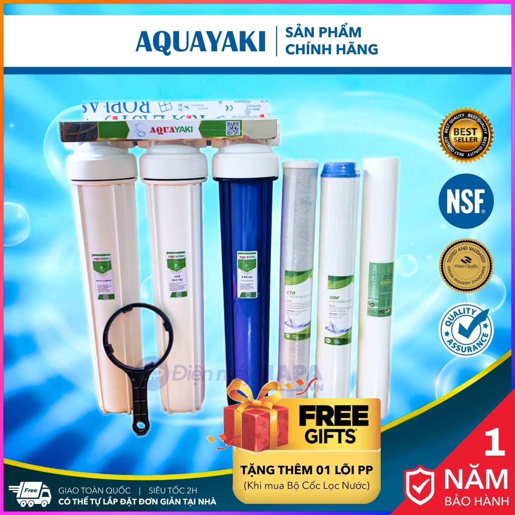 Máy Lọc Nước Sinh Hoạt 3 Cấp 20 inch AQUAYAKI Cao Cấp Kèm Lõi, Bộ Lọc Thô Bán Công Nghiệp, Bộ Tiền Xử Lý Nước Gia Đình - Hàng Chính Hãng