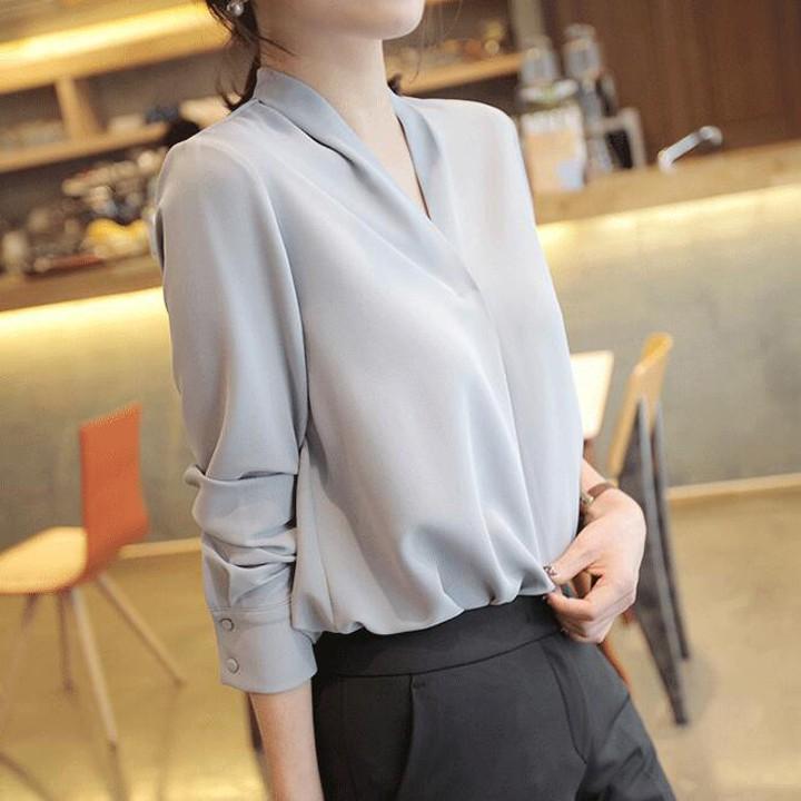 Áo Sơ Mi Nữ Công Sở Màu Xám Xanh Cổ Chữ V Phong Cách Hàn Quốc