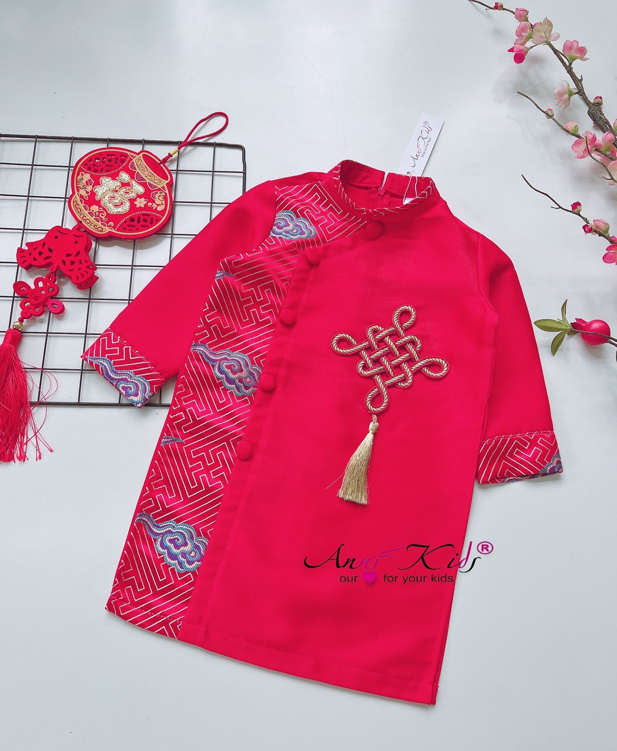 Áo dài cách tân bé trai, Áo tết cho bé 1-10 tuổi nút kết cát tường hàng thiết kế chất liệu tap ta phối gấm vân mây