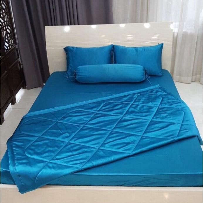 (Hàng LOẠI 1 - Không Nối Vải) Bộ Chăn Trần Bông Ga Gối Phi Lụa Thương hiệu LAN PHAM BEDDING Mát Mịn - Xanh Dương