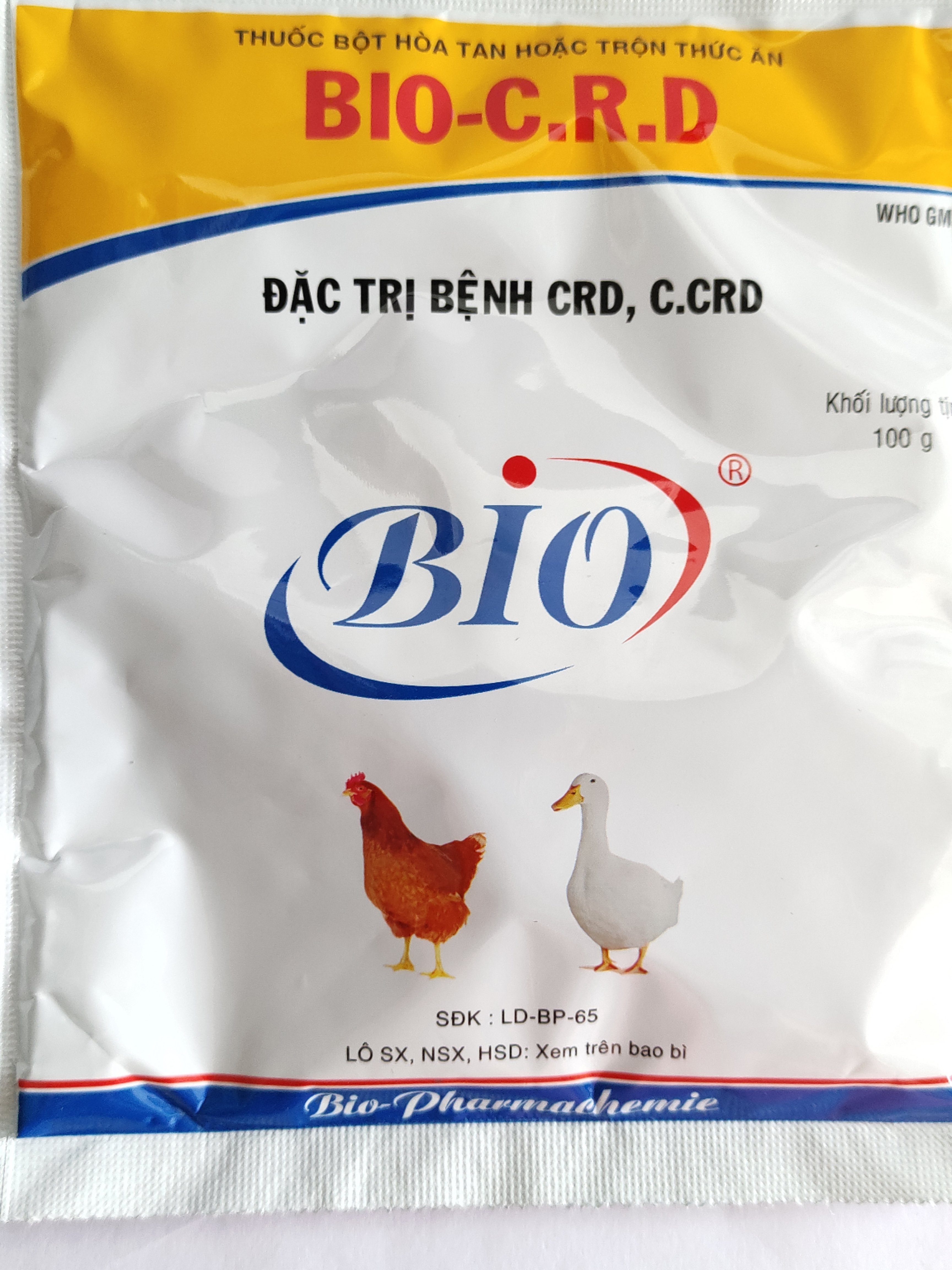 BIO C R D 100G Thuốc bột hoà tan hoặc trộn thức ăn đặc trị bệnh crd c.crd trên gà vịt