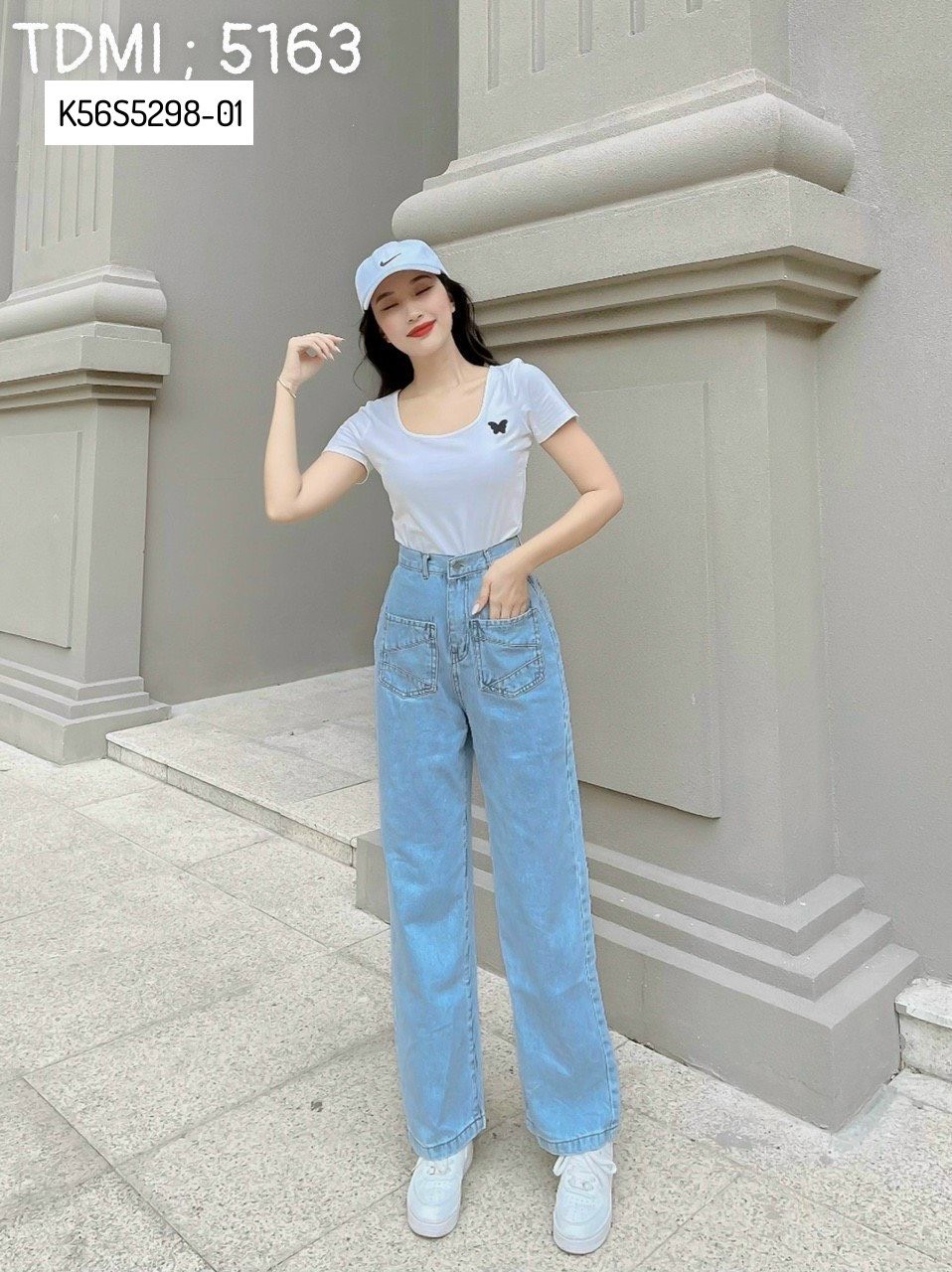 Quần Jean Nữ Suông Túi Kiểu Thêu Chỉ Nổi