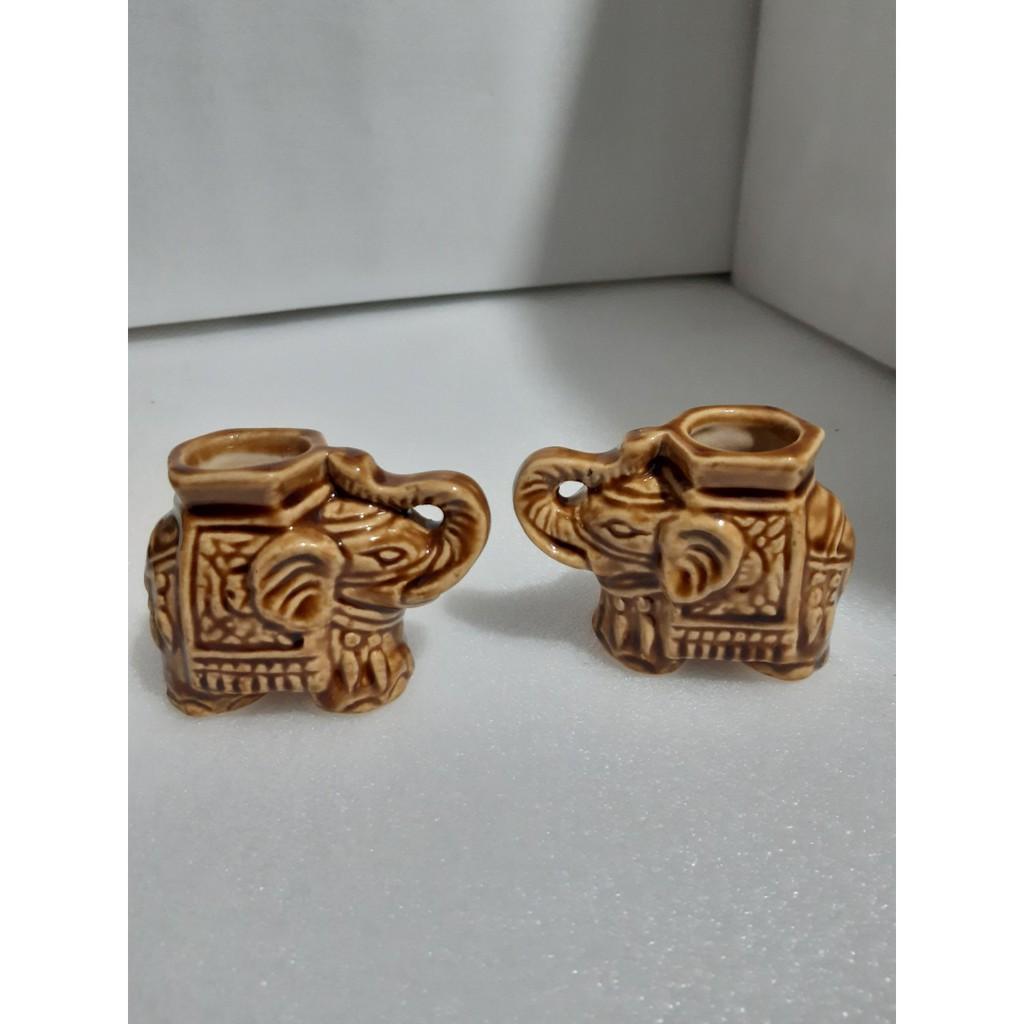 Hủ đựng tăm bằng gốm voi men nâu 2 con