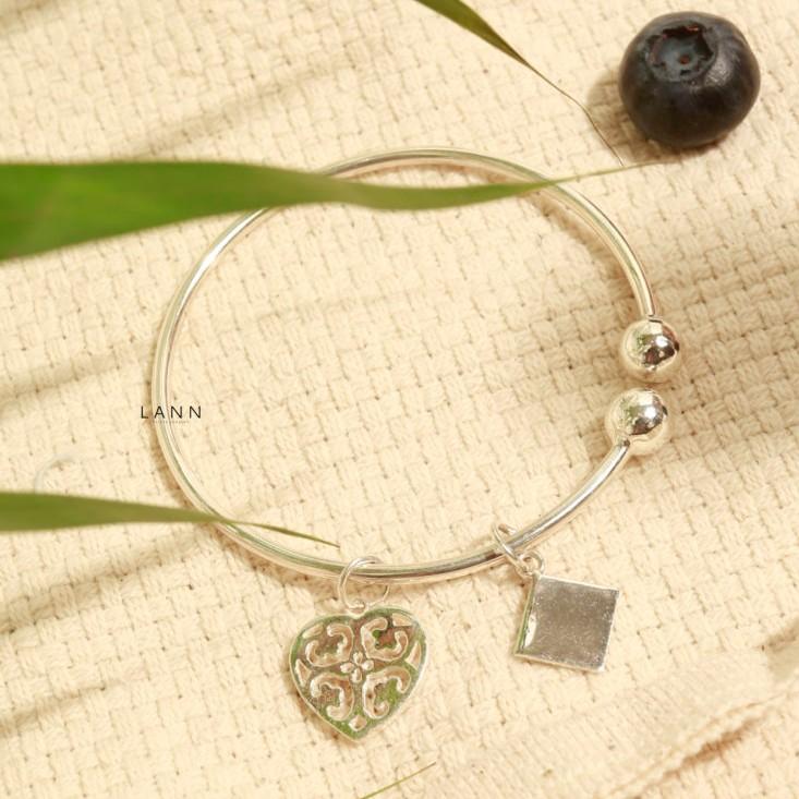 Kiềng mix charm trái tim dẹt hoa văn rỗng S925 LANN