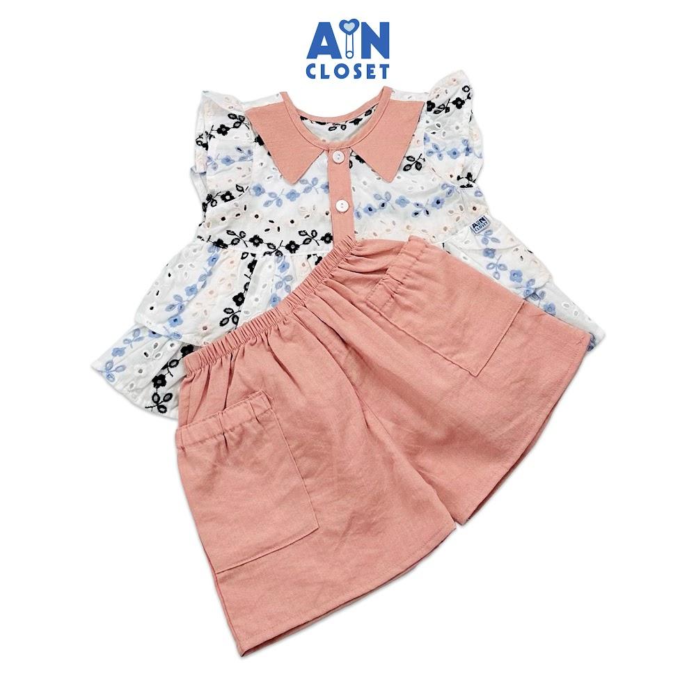 Bộ quần áo ngắn bé gái họa tiết Lá Thêu quần hồng cotton - AICDBGNTEWJY - AIN Closet