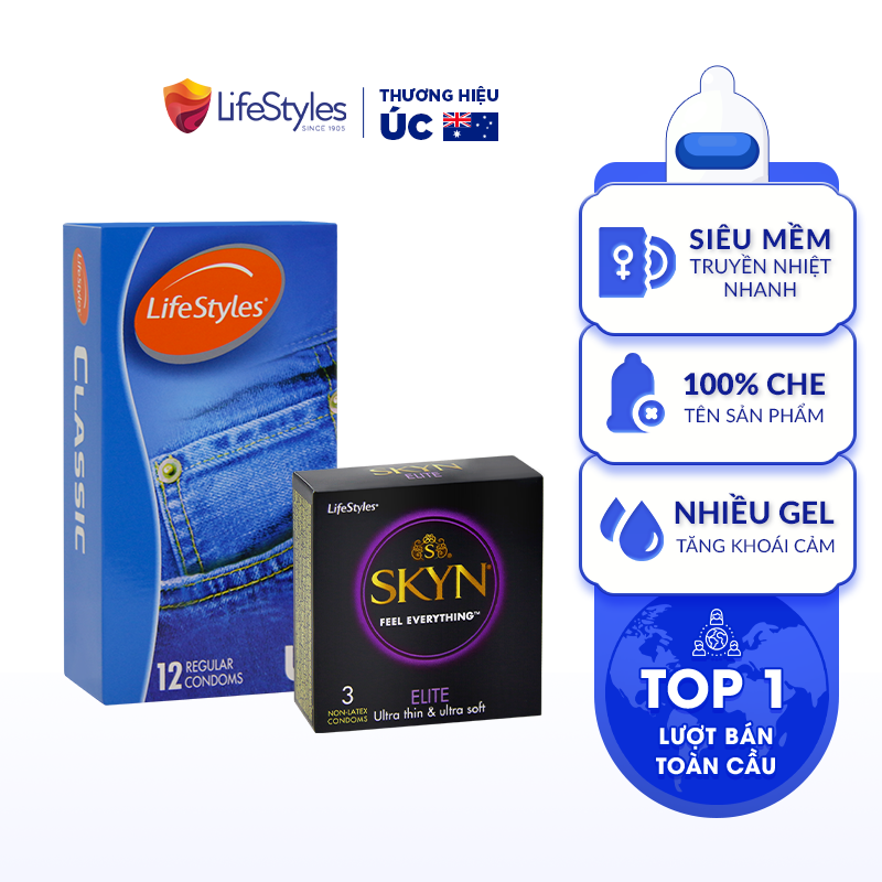 Combo 1 Hộp Bao Cao Su LifeStyles SKYN Elite Non-latex 3 bao + 1 Hộp Bao Cao Su LifeStyles Classic 12 bao