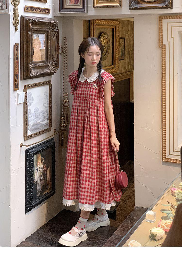 CHENGRUI Vintage búp bê cổ cherry thêu đầm mùa hè 2023 lỏng lẻo ngọt ngào thiết kế cảm giác váy sọc đỏ