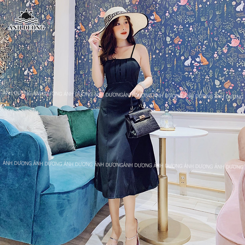 Váy đầm dáng xòe hai dây màu đen đi chơi, dạo phố cực xinh