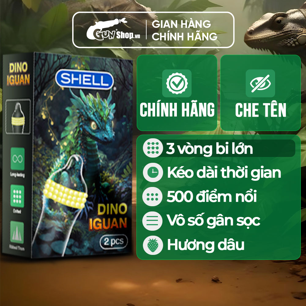 Bao cao su Shell Dino Iguan - Hộp 2 cái - 1 bao 2 vòng bi siêu lớn + 1 bao Shell Performax