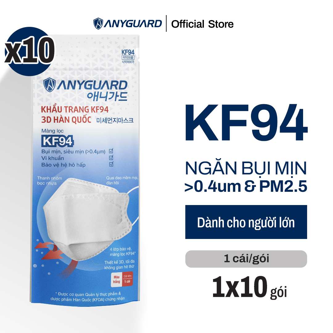 ComBo 10 Chiếc Khẩu Trang KF94 - Form 3D Cao Cấp Chống Bụi Siêu Mịn 0.4um Anyguard Chính Hãng - 4 Lớp Bảo Vệ Tối Ưu Dành Cho Người Lớn - ISO 9001:2015, ISO 13485:2016, QCVN 01:2017/BTC