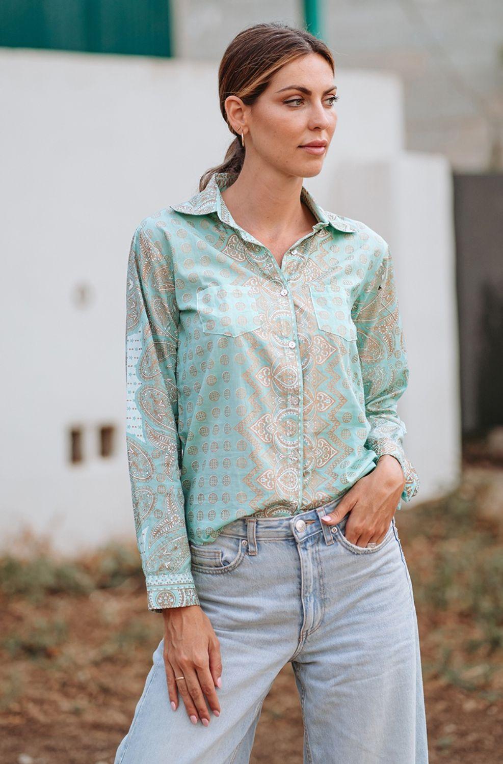 Áo Sơ Mi Vẽ Ánh Kim Cotton Isla Bonita