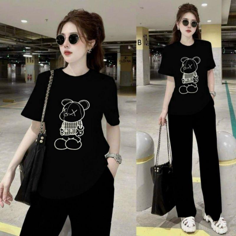 Đồ bộ thun nữ có bigsize quần dài ống suông quần ống rộng áo thêu hình gấu, sét bộ đi chơi đi làm, bộ đồ mặc nhà xinh