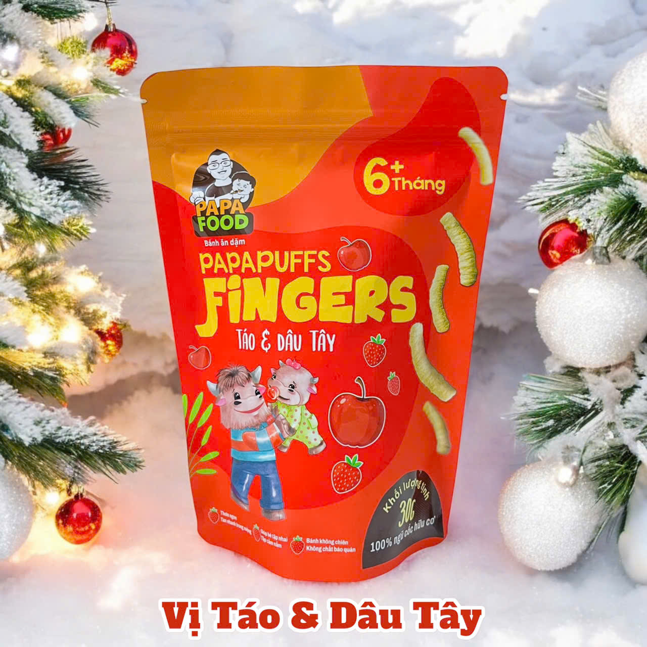 Bánh ăn dặm PAPAFOOD PAPAPUFFS Vị Táo &amp; Dâu Tây - 100% Ngũ Cố Hữu Cơ - Gói 30G