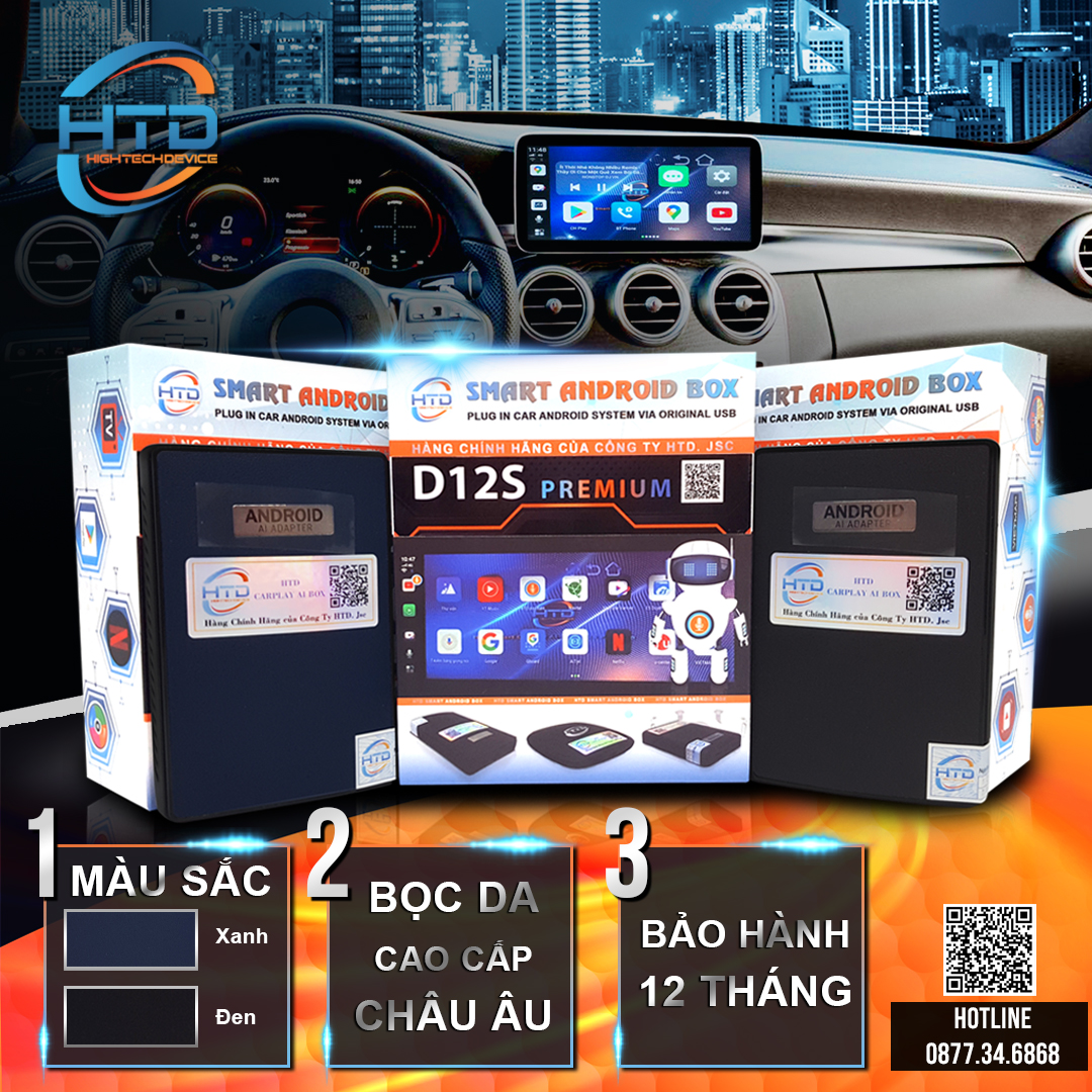 HTD Smart Carplay AI Box D12S Premium – CPU Snapdragon 8 Core Chính hãng