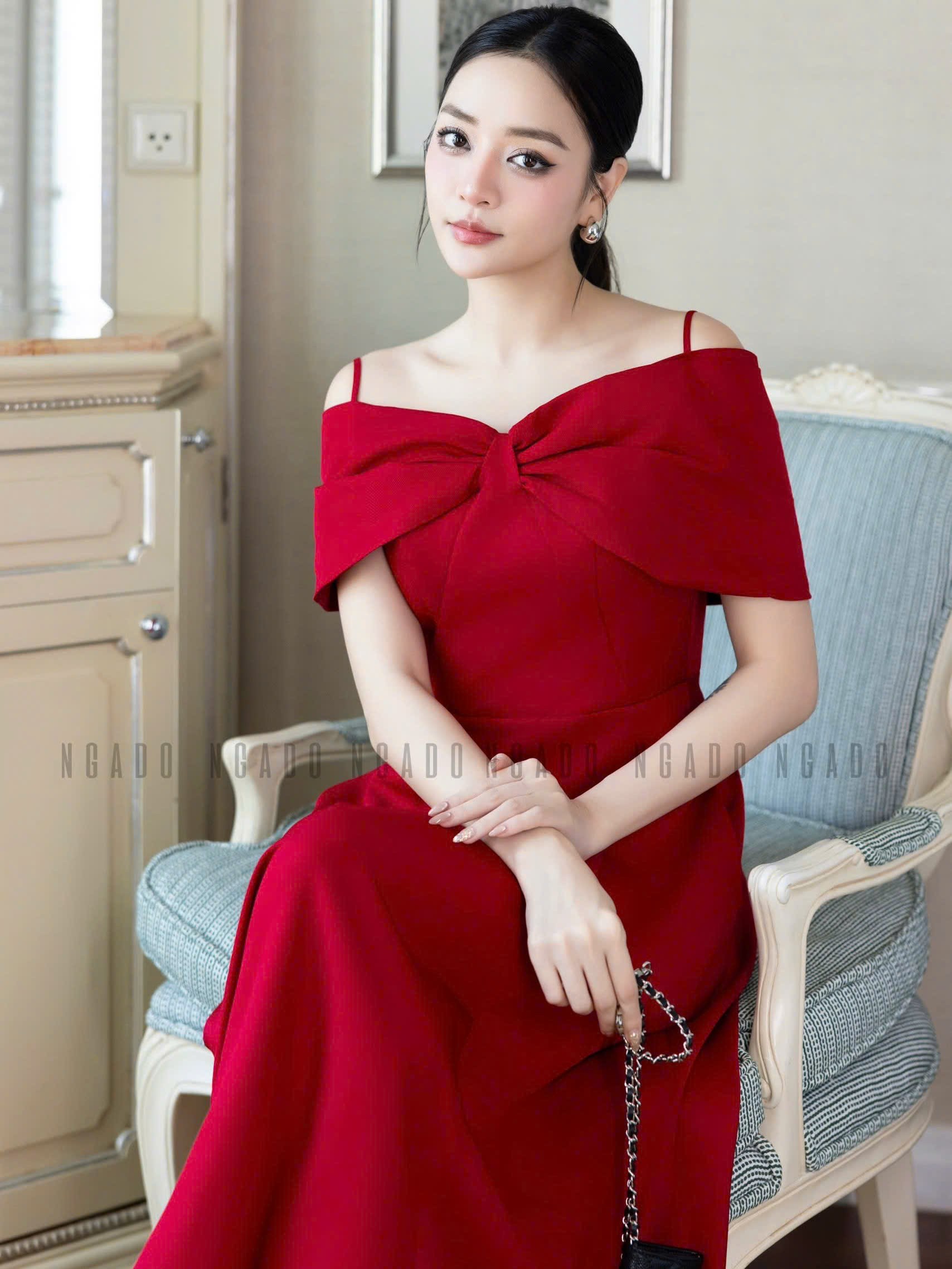 Đầm đỏ bẹt vai NGADO , đầm xòe dáng dài , đầm dự tiệc