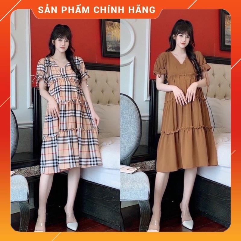 Đầm bầu cổ tim caro trẻ trung