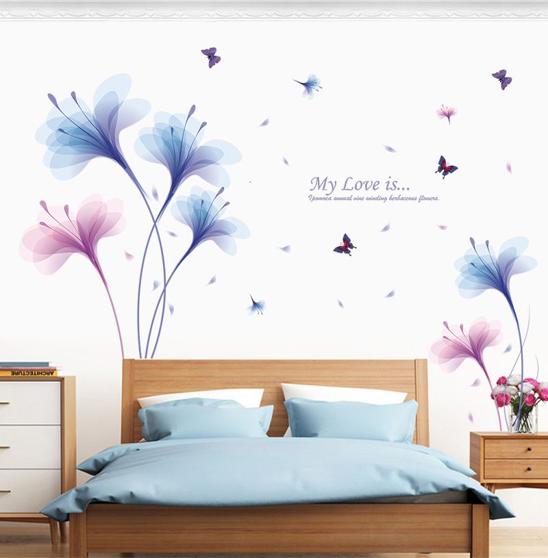 Decal tranh hoa thủy tinh xanh hồng AmyShop DH076 (90 x 180 cm)