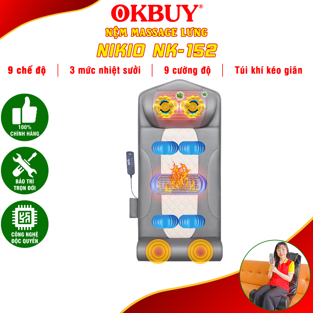 Nệm (Máy) Massage Toàn Thân Nikio NK-152 - Dòng Cao Cấp Có Gối Matxa Cổ Vai Gáy, Mát Xa Đa Năng Với Công Nghệ Xoa Bóp Con Lăn, Rung Và Túi Khí Nâng Đỡ Kéo Giãn Cột Sống - Mát Xa Thư giãn, Giảm Stress, Giảm Đau Mỏi Cổ, Lưng, Mông, Chân