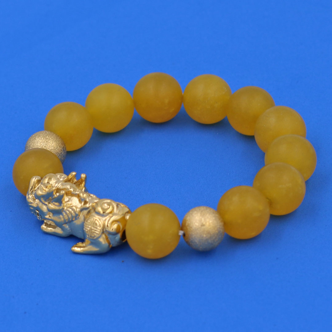 Vòng chuỗi đeo tay đá thạch anh vàng mờ 14 ly  charm tỳ hưu và bi inox vàng, vòng tay chuỗi hạt