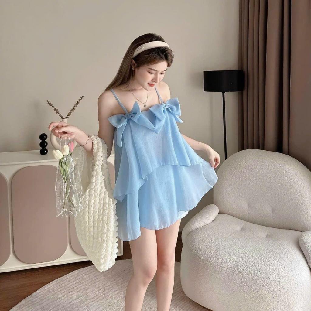 Sét bộ áo 2s bèo tầng đính nơ kèm quần ngắn