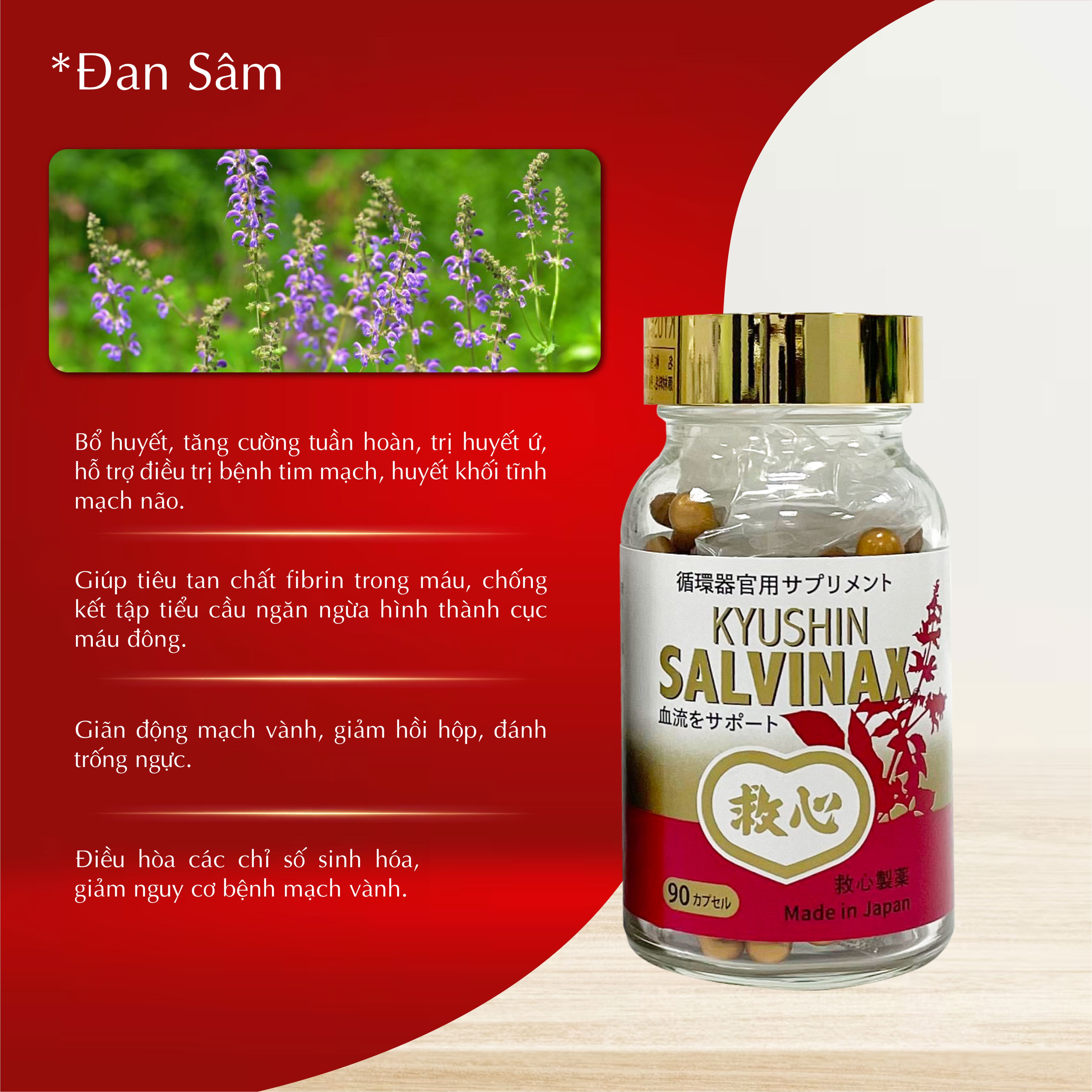 Viên Uống Bổ Tim Mạch Nhật Bản - Viên Cứu Tâm Kyushin Salvinax 90 Viên - Thực phẩm chức năng hỗ trợ bệnh tim mạch, bổ tim, tăng cường tuần hoàn máu