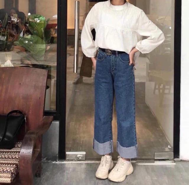 Quần jeans ống rộng gấp lai 2 màu đậm- nhạt