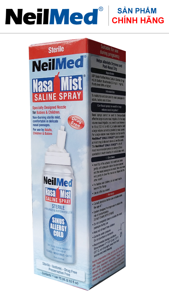 Combo Adult 24h Care: Bình Xịt Rửa Vệ Sinh Mũi Xoang Người Lớn NeilMed Sinus Rinse &amp; Spray -SX Mỹ, Đánh Bật Sổ Mũi, Nghẹt Mũi và Viêm mũi (Bình 10 gói muối rửa; 2 chai xịt phun sương 75ml)