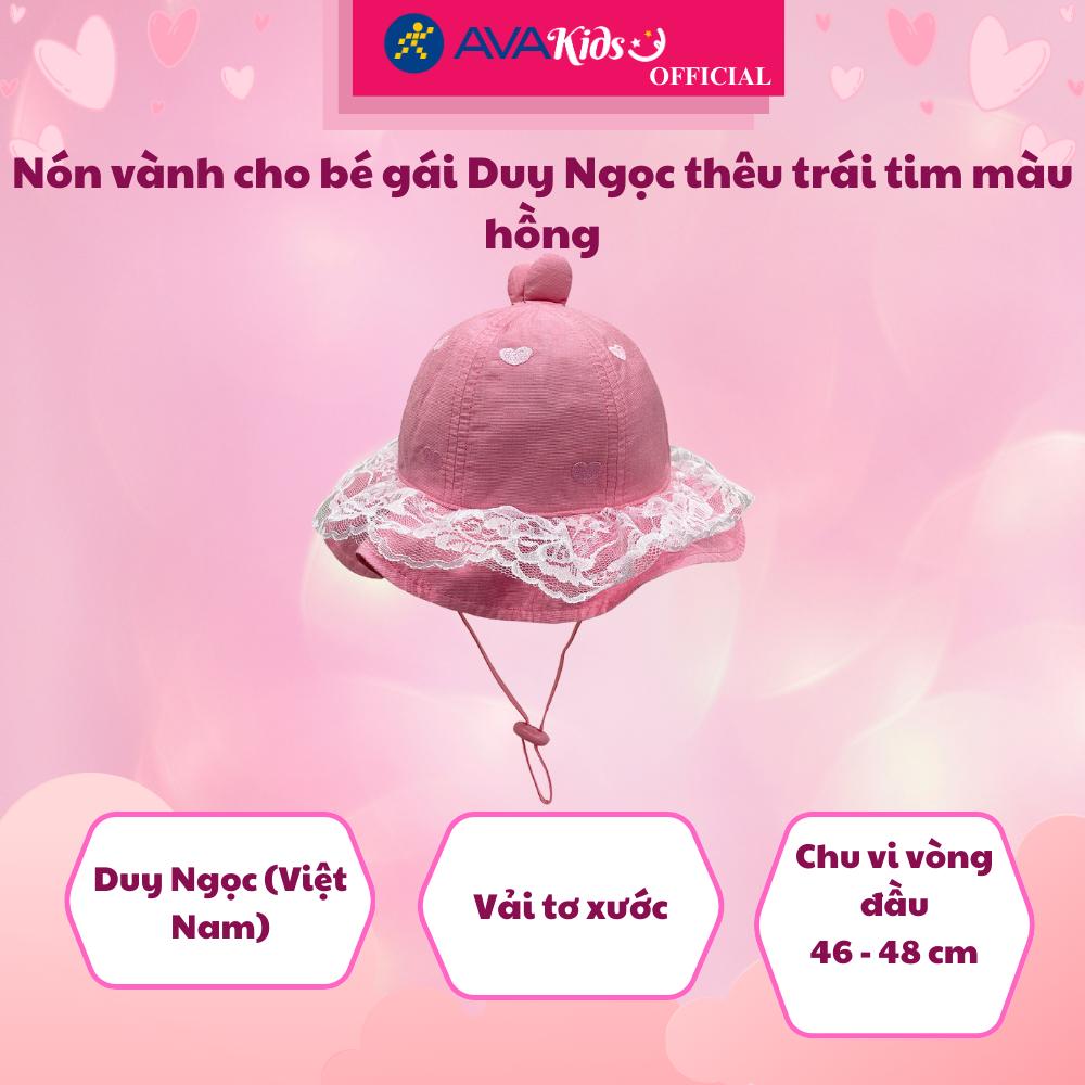 Nón vành cho bé gái Duy Ngọc thêu trái tim màu hồng