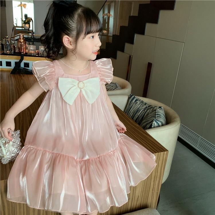 Đầm babydoll cho bé gái đính nơ cánh tiên phong cách Hàn Quốc từ 12-35kg chất vải tơ mềm mát