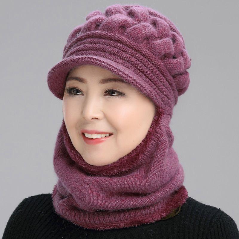Mũ len ấm cho người già, nón len nữ kèm khăn che mặt siêu ấm, mũ len thời trang nữ trung niên