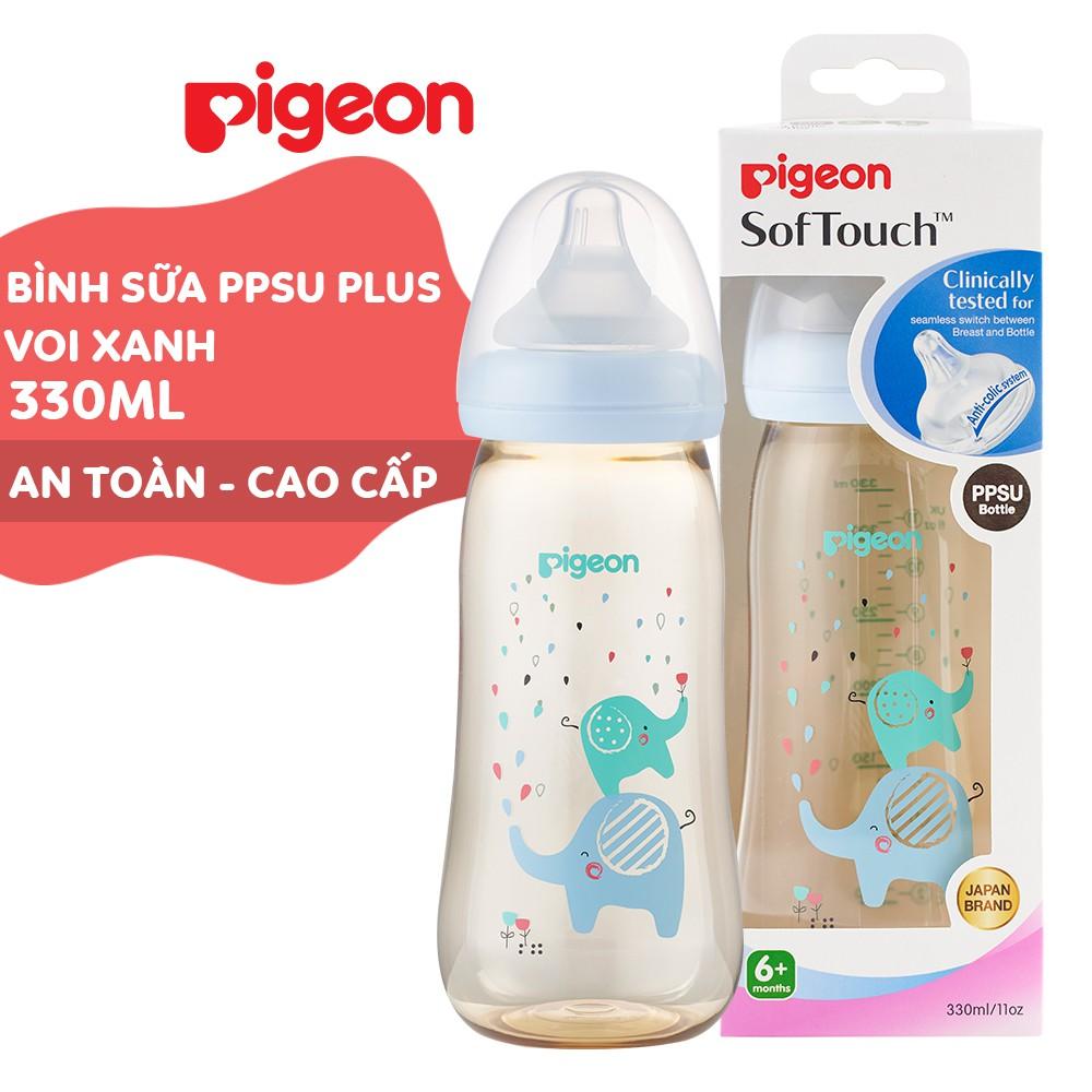 Bình sữa cổ rộng PPSU Plus Voi xanh/ Thỏ hồng Pigeon 330ml